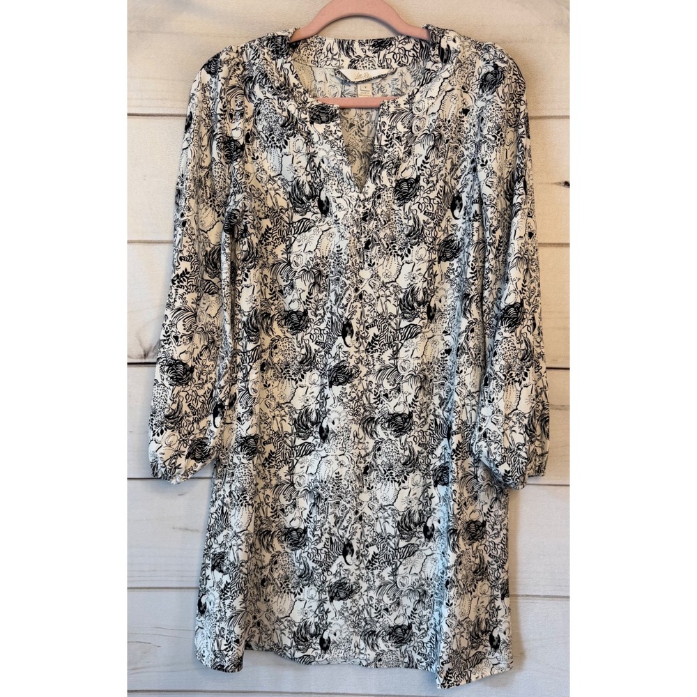 Lilly Pulitzer Black White Jungle Animal Toile Shift Dress Size 2 Long Sleeve